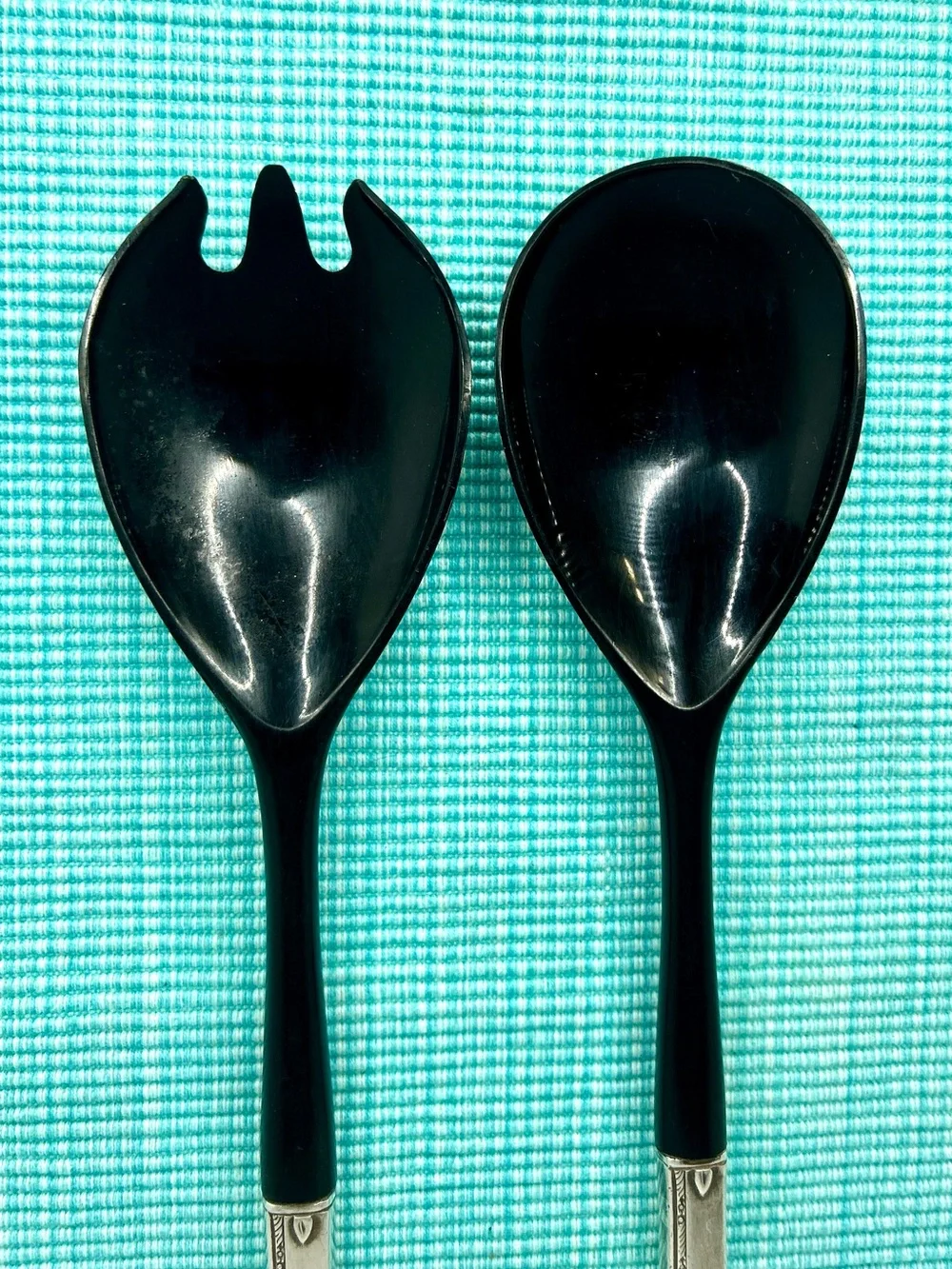 Oneida Grenoble Salad Serving Set Silverplate Handle Black Melamine Vintage 1938
